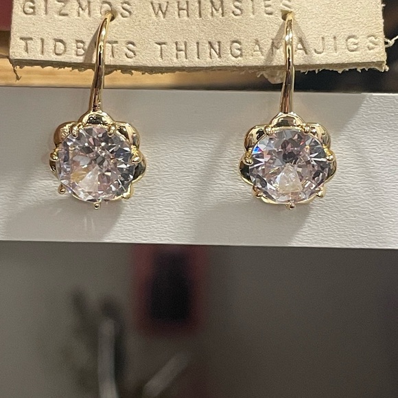 Anthropologie Gold Floral Halo Drop Earrings with Clear Crystal - Picture 2 of 4